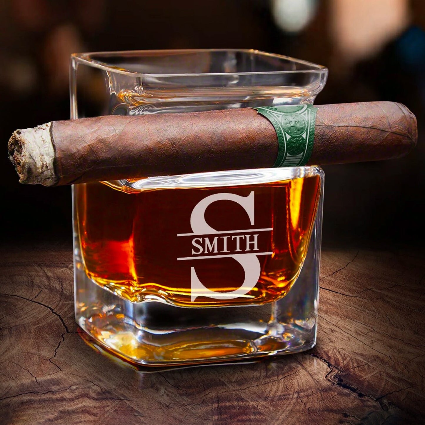 Custom Monogram Cigar Holder Whiskey Glass, gift for groomsmen