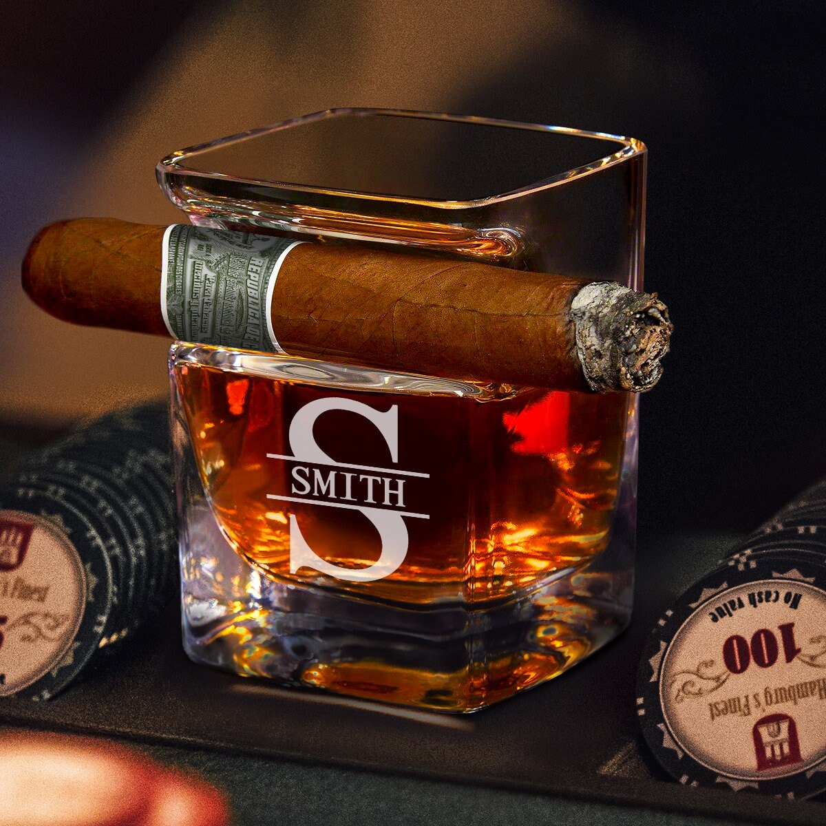 Custom Whiskey Glass with Cigar Holder