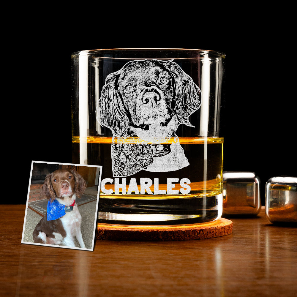 Custom laser engraved whiskey glass with your dog's photo