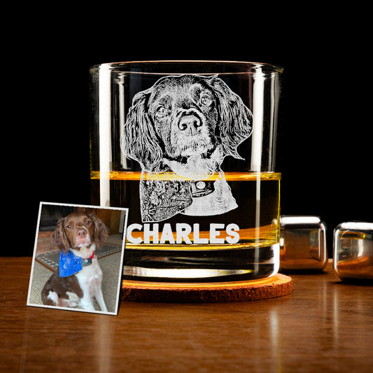 Custom laser engraved whiskey glass with your dog's photo