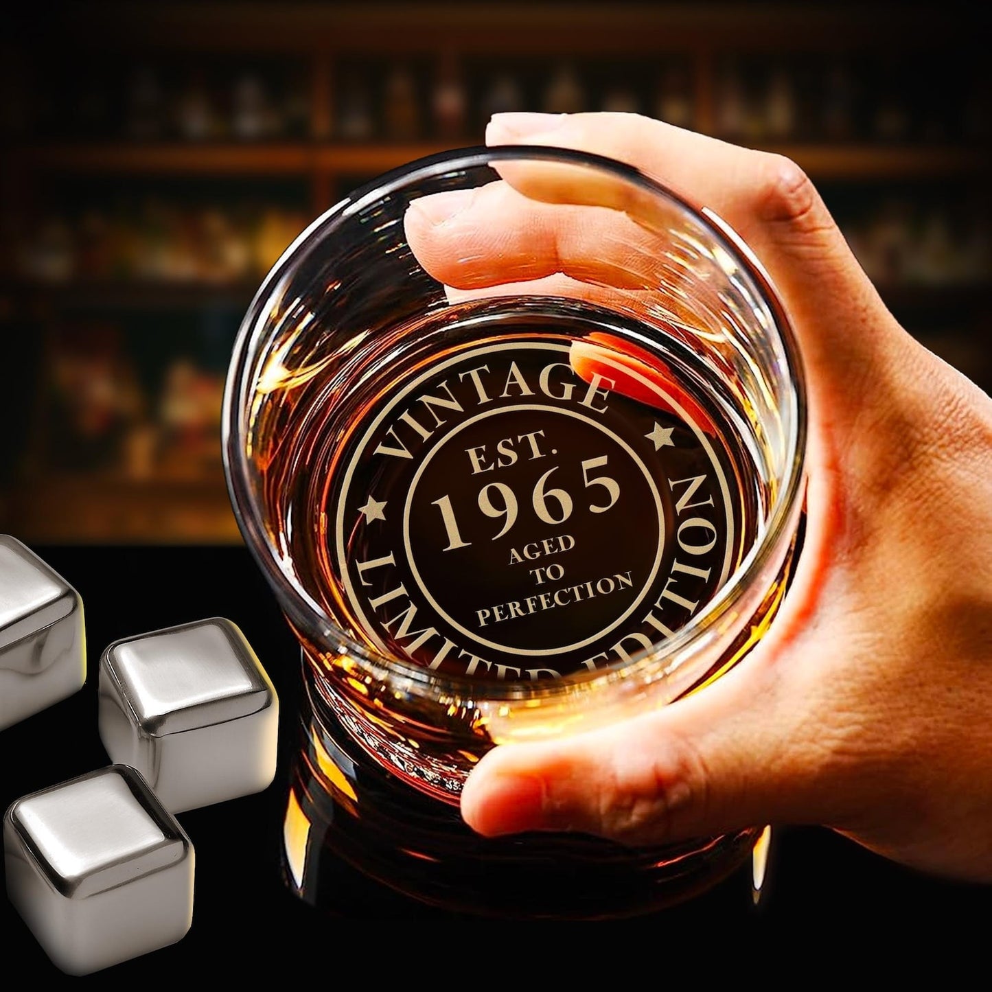 Personalized whiskey glass engraved with 'EST. 1965' and 'Aged to Perfection'.