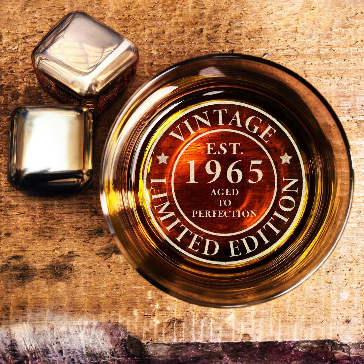 Engraved custom whiskey glass featuring 'Vintage 1965' and 'Limited Edition' design.