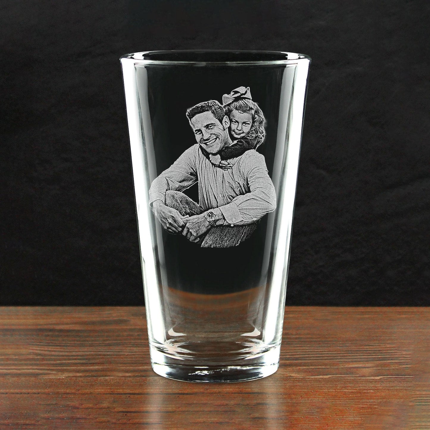 Custom whiskey glass with picture, featuring a personalized father-daughter design.