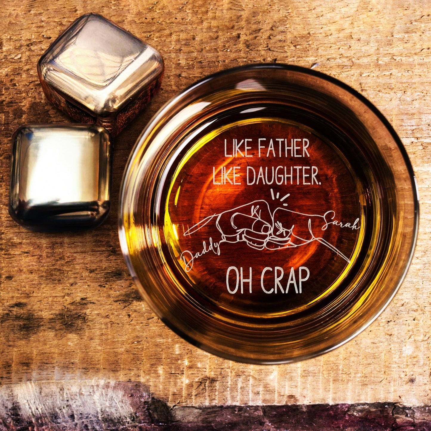 Engraved personalized whiskey glass featuring 'Like Father Like Daughter' and custom art.