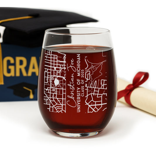 Personalized wine glasses with map and graduation engraving for University of Michigan.
