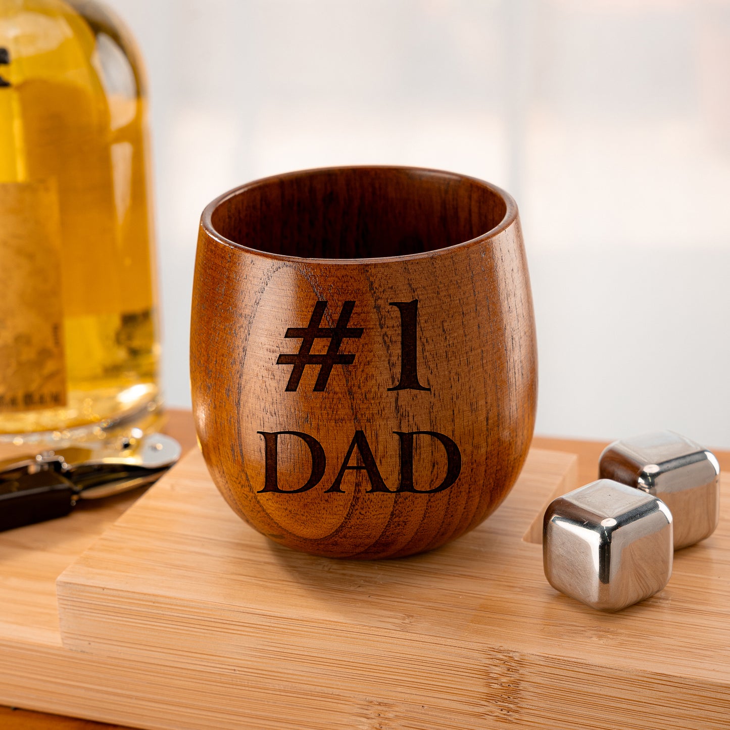 Engravable whiskey glass with "#1 Dad" design, ideal for Father's Day gifting.