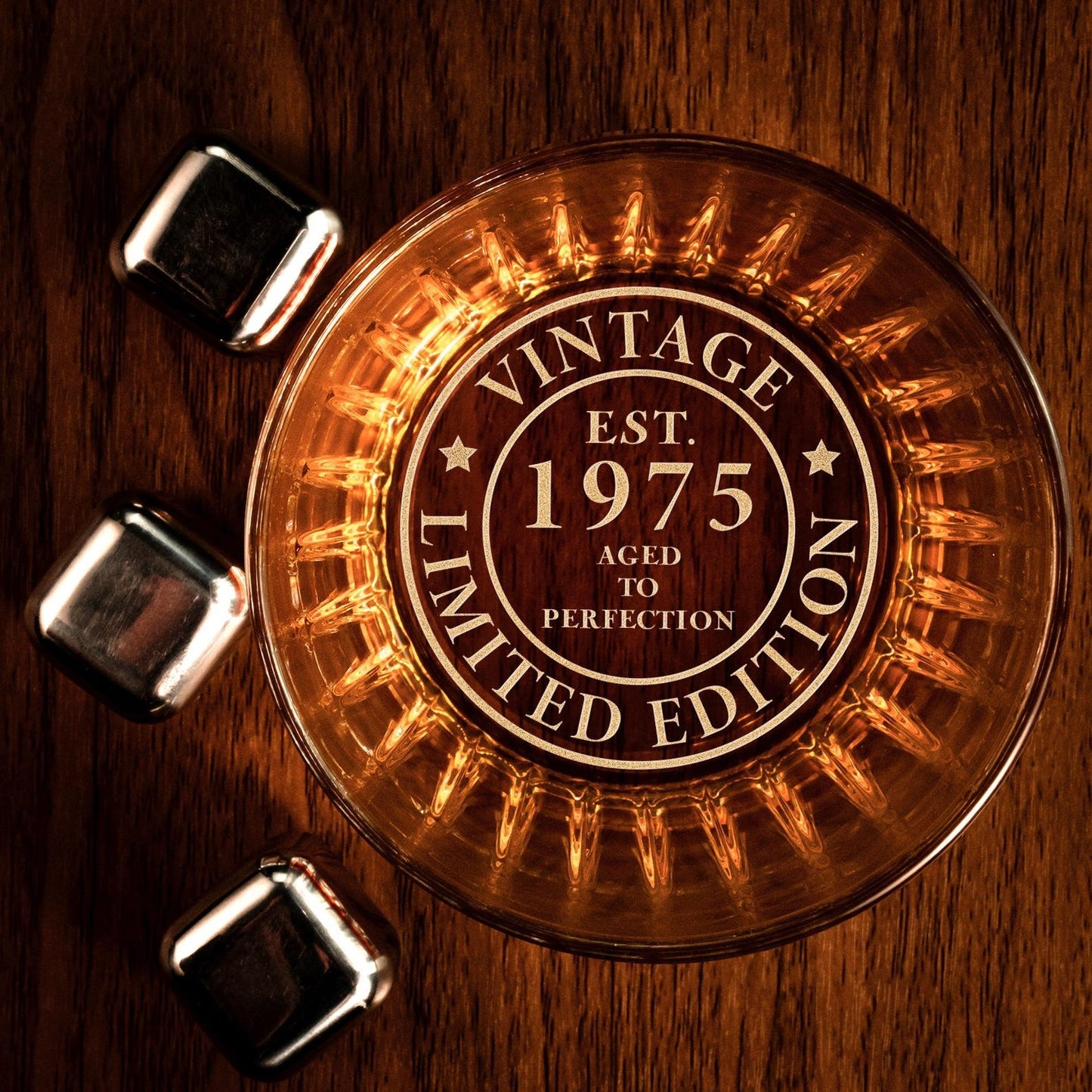 Engraved custom whiskey glass featuring 'Vintage 1975' and 'Limited Edition' design.