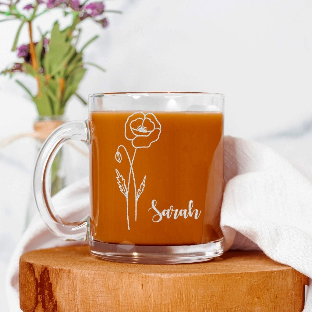 Personalized Birth Flower Glass Coffee Mug, birthday gift for women