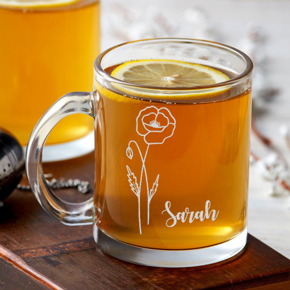 Personalized Birth Flower Glass Coffee Mug, 12 oz, laser engraved, custom Mother's Day gift