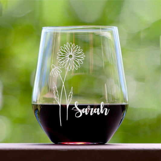 Personalized Birth Flower Stemless Wine Glass, laser engraved