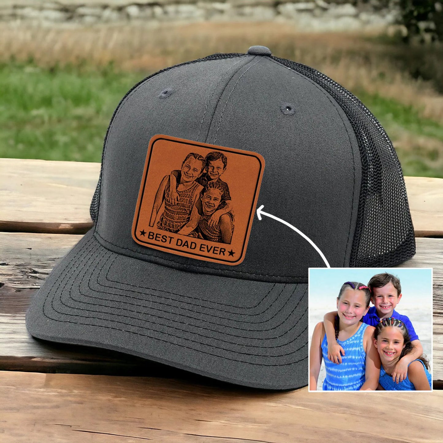Personalized Trucker Hat with Photo Engraved - black