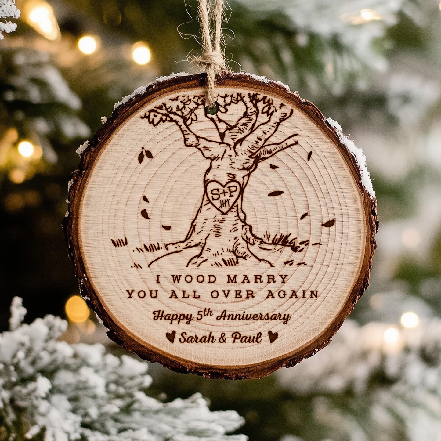 Anniversary gift for couple with personalized wood ornament expressing lasting love
