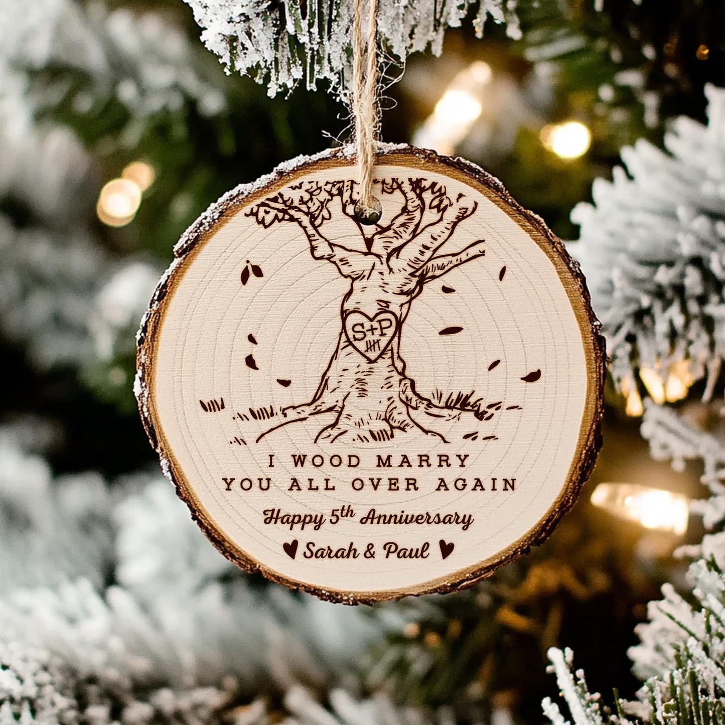 Wood anniversary gifts like personalized ornaments to celebrate five years of marriage