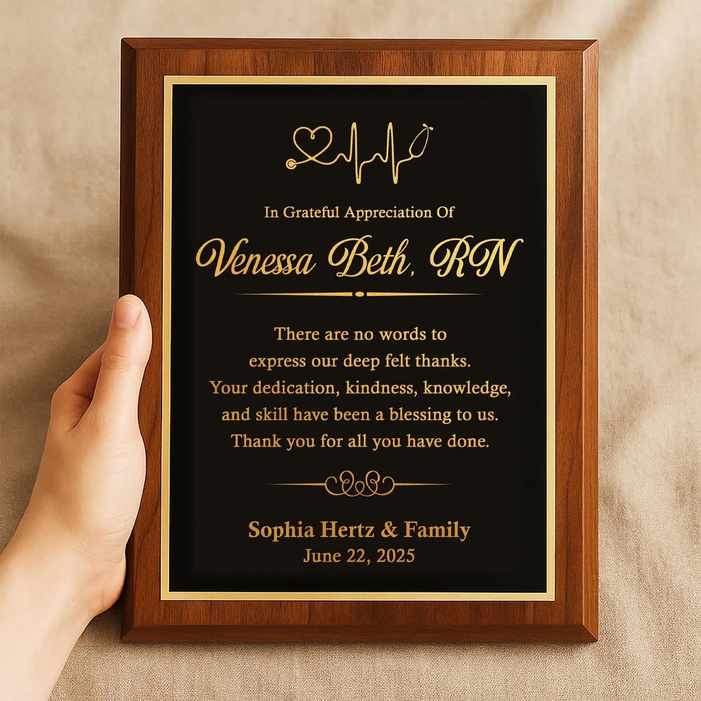 Nurse present ideas including custom engraved plaques to honor compassion and care