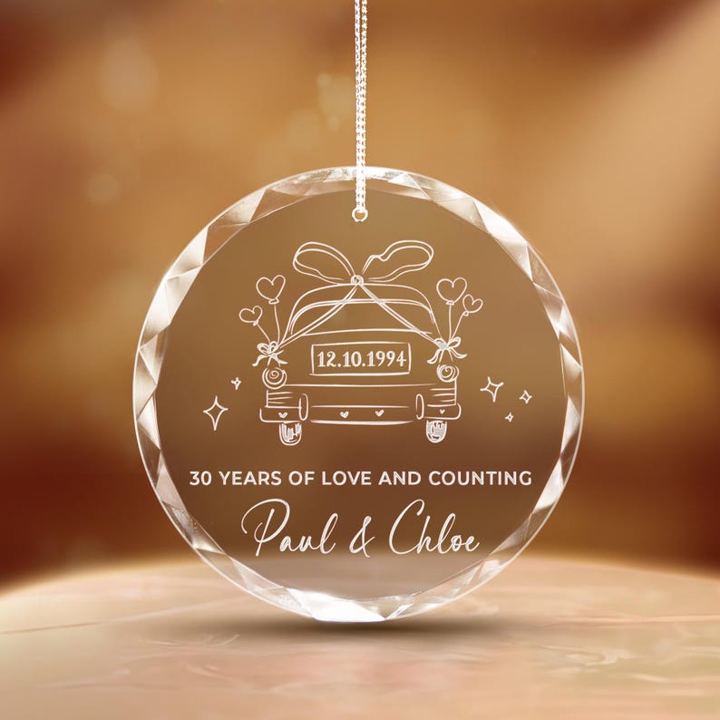 Custom Personalized 30th Anniversary Glass Ornament highlighted as a thoughtful 30th wedding anniversary gift for couple