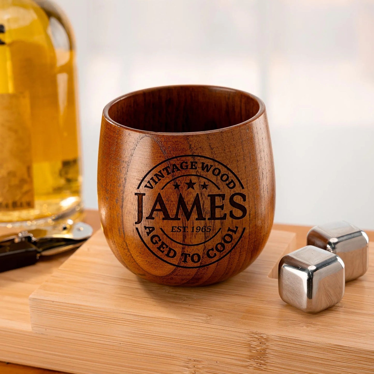 Wood whiskey cups engraved with name and age for a vintage birthday gift