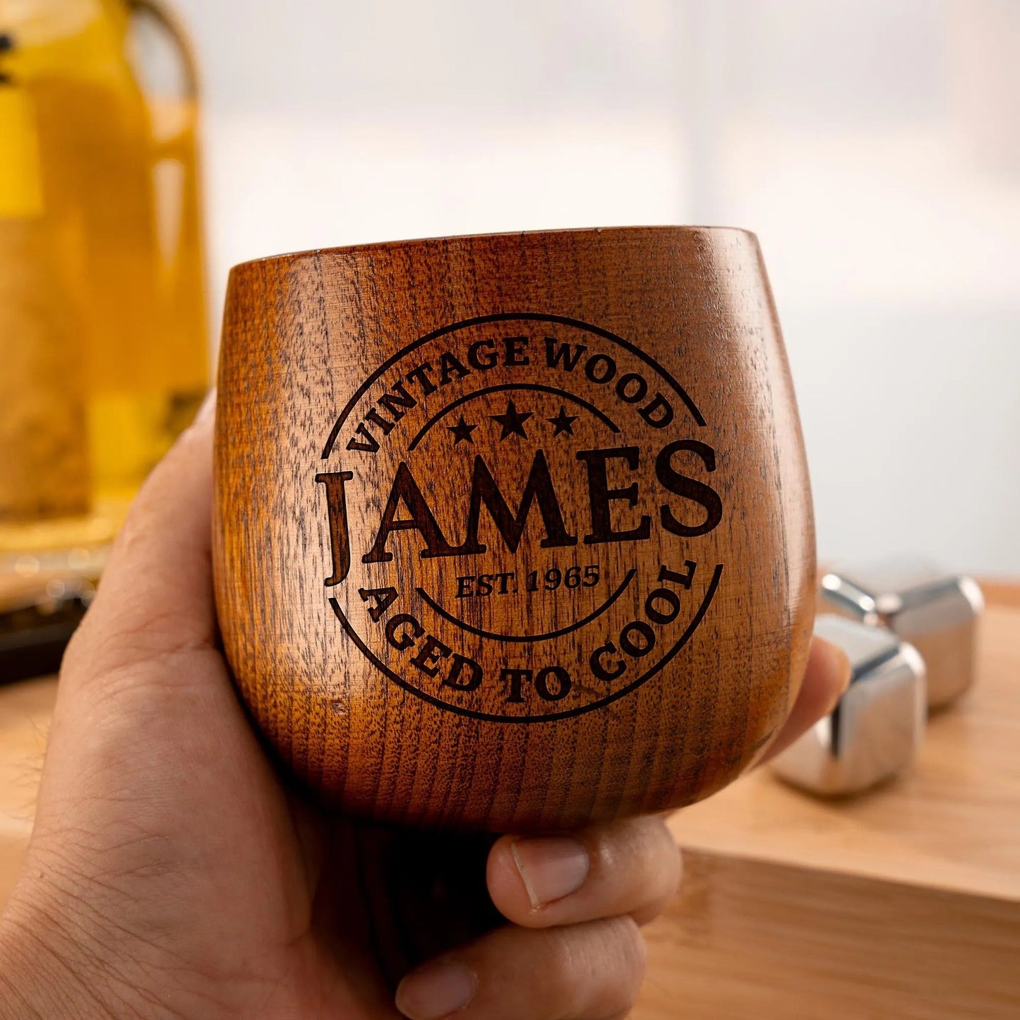 60th birthday gifts for men featuring handcrafted wooden whiskey glass with custom message