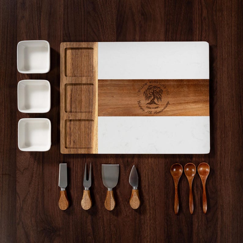 Displaying a Personalized 9 Year Anniversary Marble Charcuterie Board, the perfect charcuterie board for an anniversary celebration.