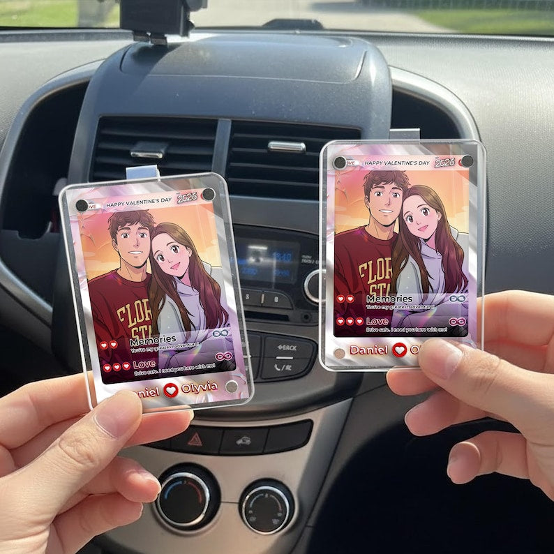 Personalized Anime Couple Photo Car Visor Clip, a custom car mirror charm alternative and treasured drive safe gift.