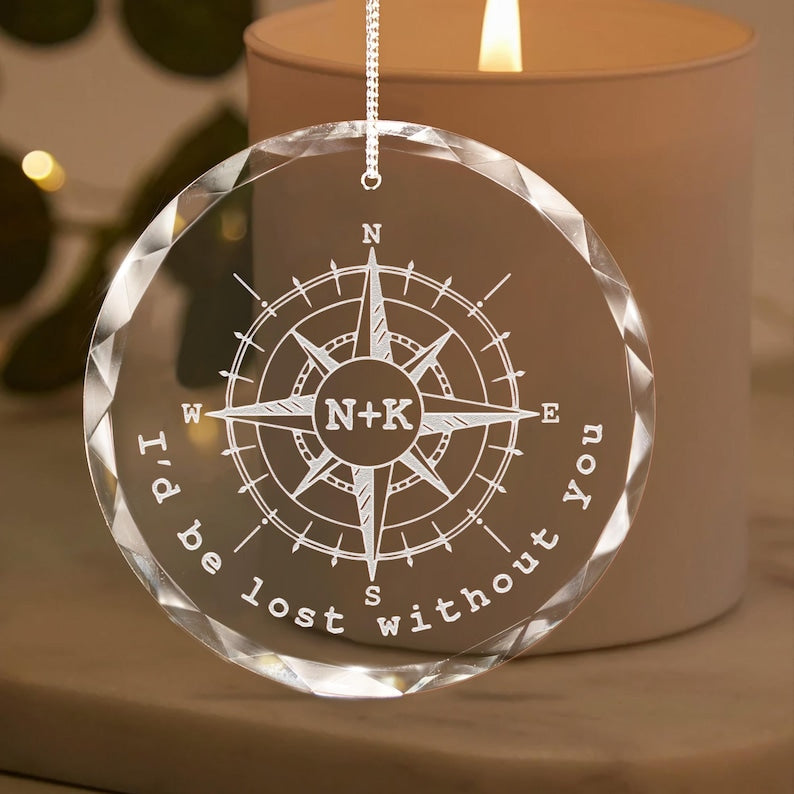 Personalized Anniversary Compass Ornament as engraved christmas ornaments and romantic gift