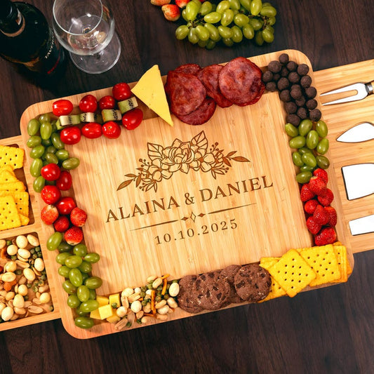 Personalized Bamboo Wedding Charcuterie Board with Tools, an elegant engraved cutting board and a perfect wedding gift for couples.