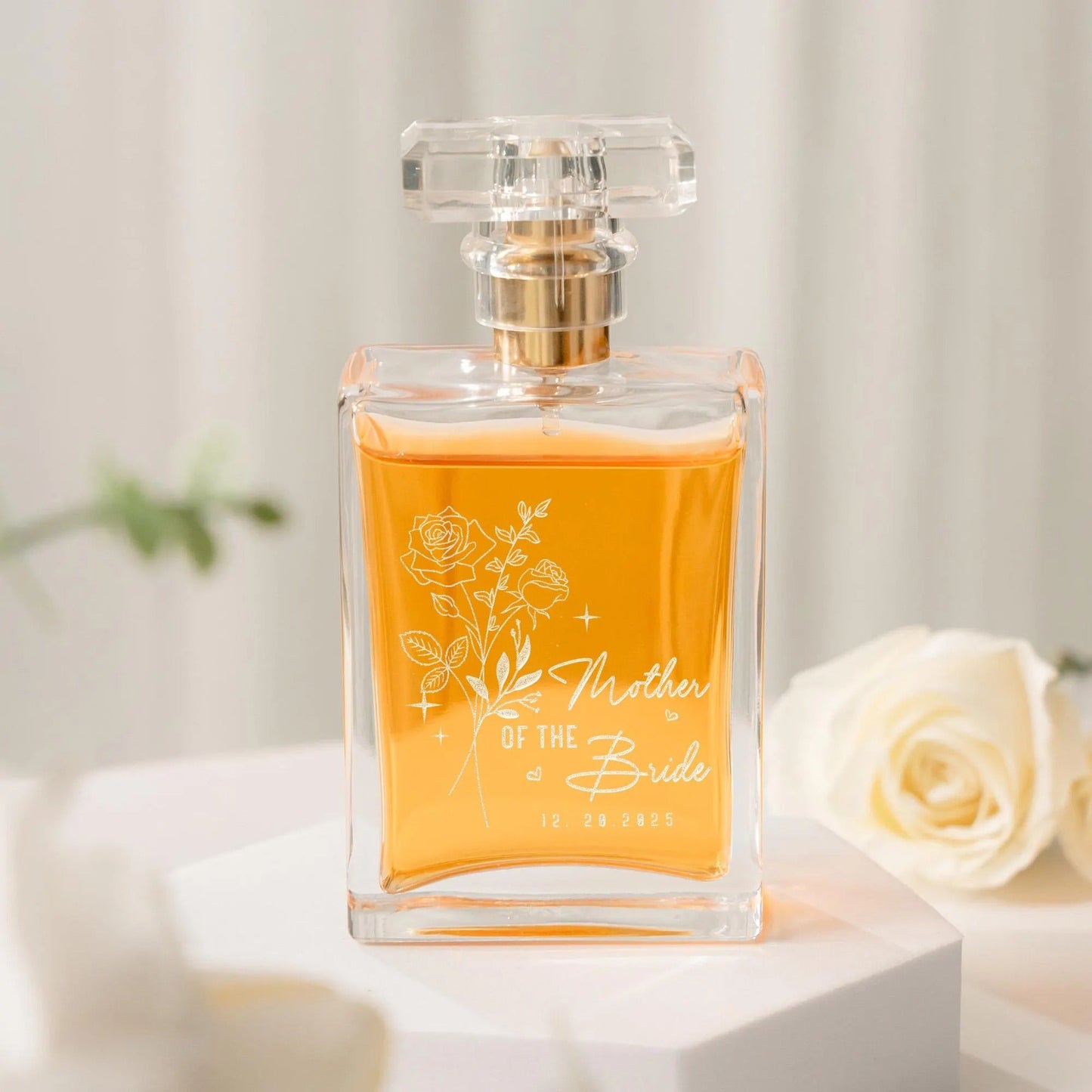 Elegant Personalized Birth Flower Glass Perfume Bottle crafted as thoughtful mother daughter wedding gifts and heirloom