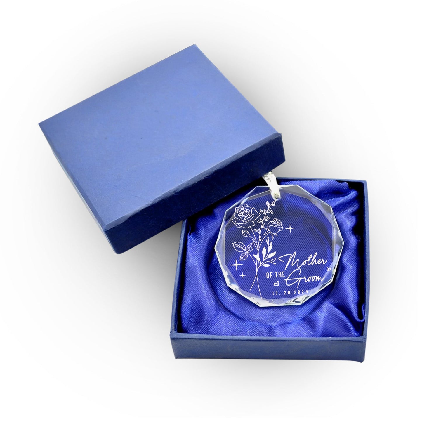 Personalized Birth Flower Wedding Glass Ornament designed for sentimental mother of the groom gifts