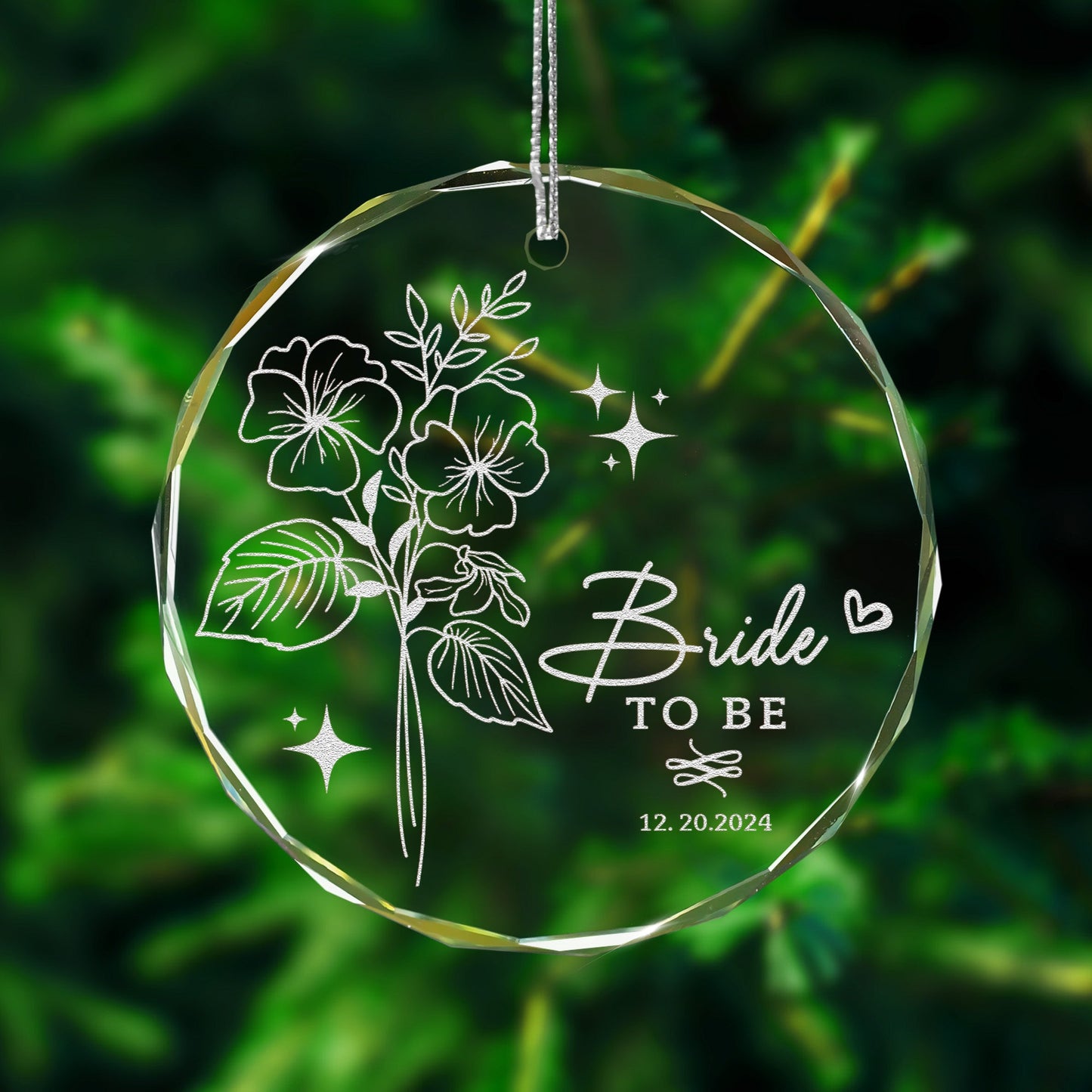Personalized Birth Flower Wedding Glass Ornament displayed as a thoughtful wedding gift for mom