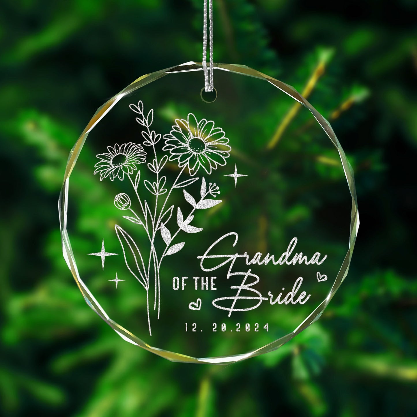 Elegant Personalized Birth Flower Wedding Glass Ornament highlighted as unique mother of the bride gifts