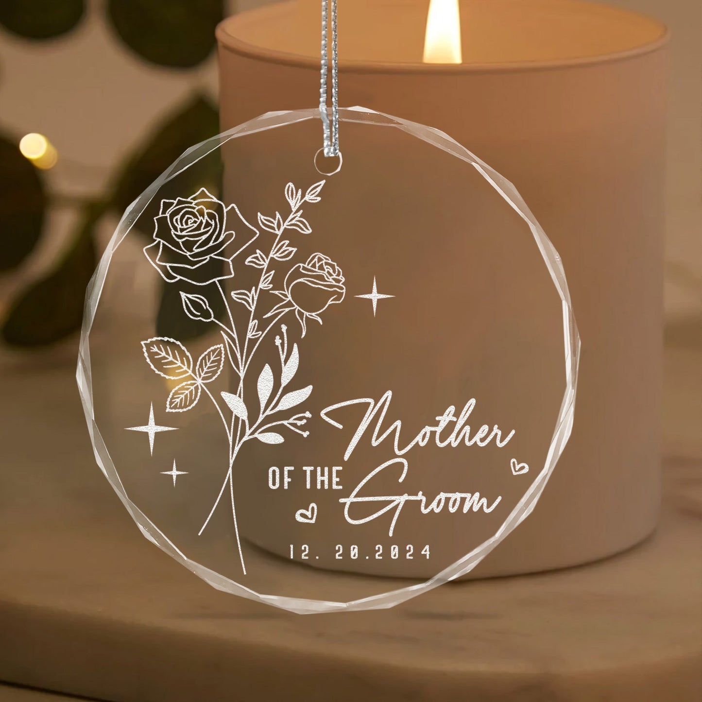 Personalized Birth Flower Wedding Glass Ornament presented as memorable mother of the groom gifts