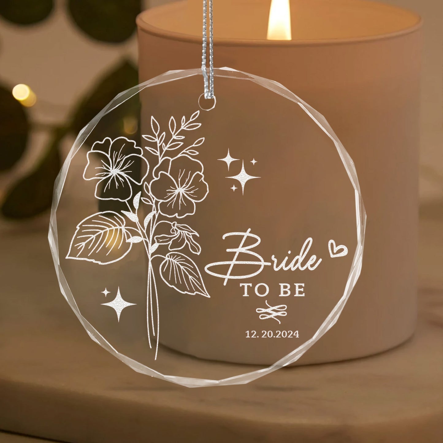 Charming Personalized Birth Flower Wedding Glass Ornament created as a meaningful mother in law wedding gift
