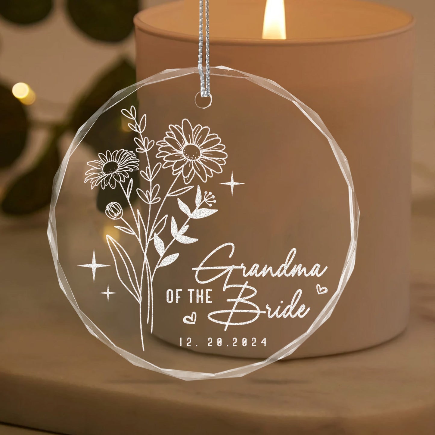 Personalized Birth Flower Wedding Glass Ornament featured as timeless wedding ornaments for keepsake