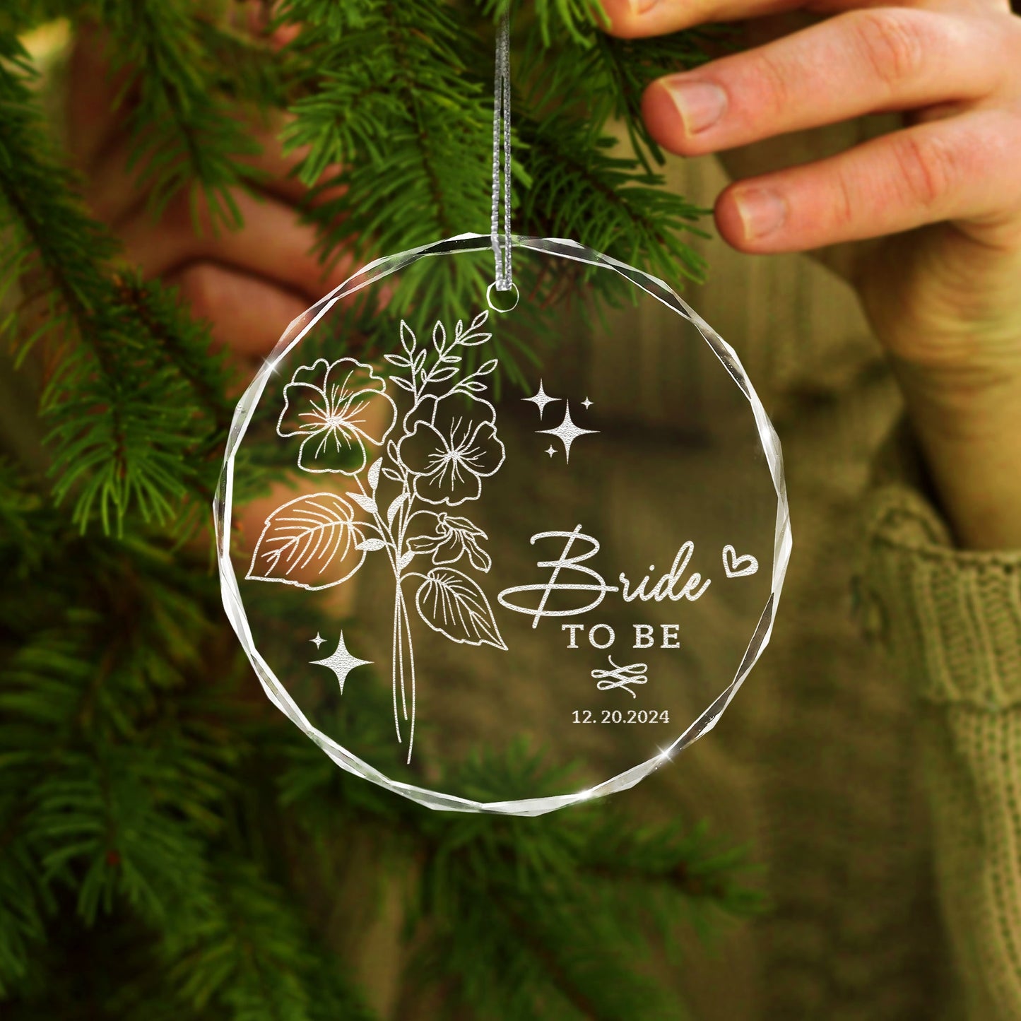 Personalized Birth Flower Wedding Glass Ornament styled as heartfelt wedding gift for mom