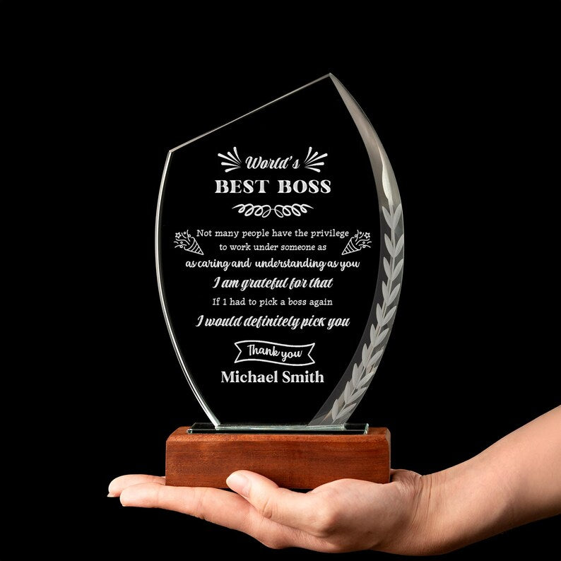 A close-up of the engraved Personalized Boss Appreciation Crystal Award, a stunning custom award for your boss.