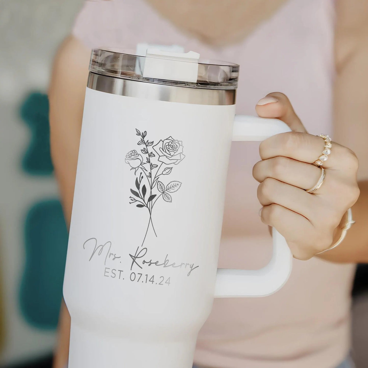 Wedding gifts for bride featuring personalized 40oz tumbler with handle for daily use