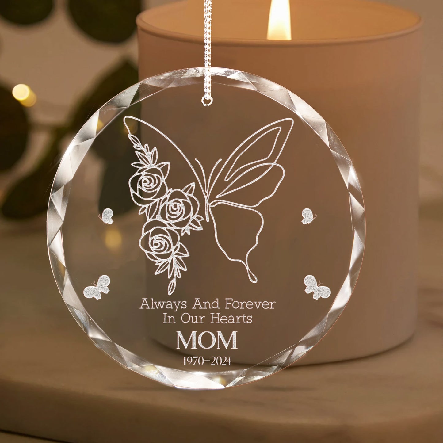 Personalized Butterfly Memorial Glass Ornament designed as elegant memorial ornaments for remembrance
