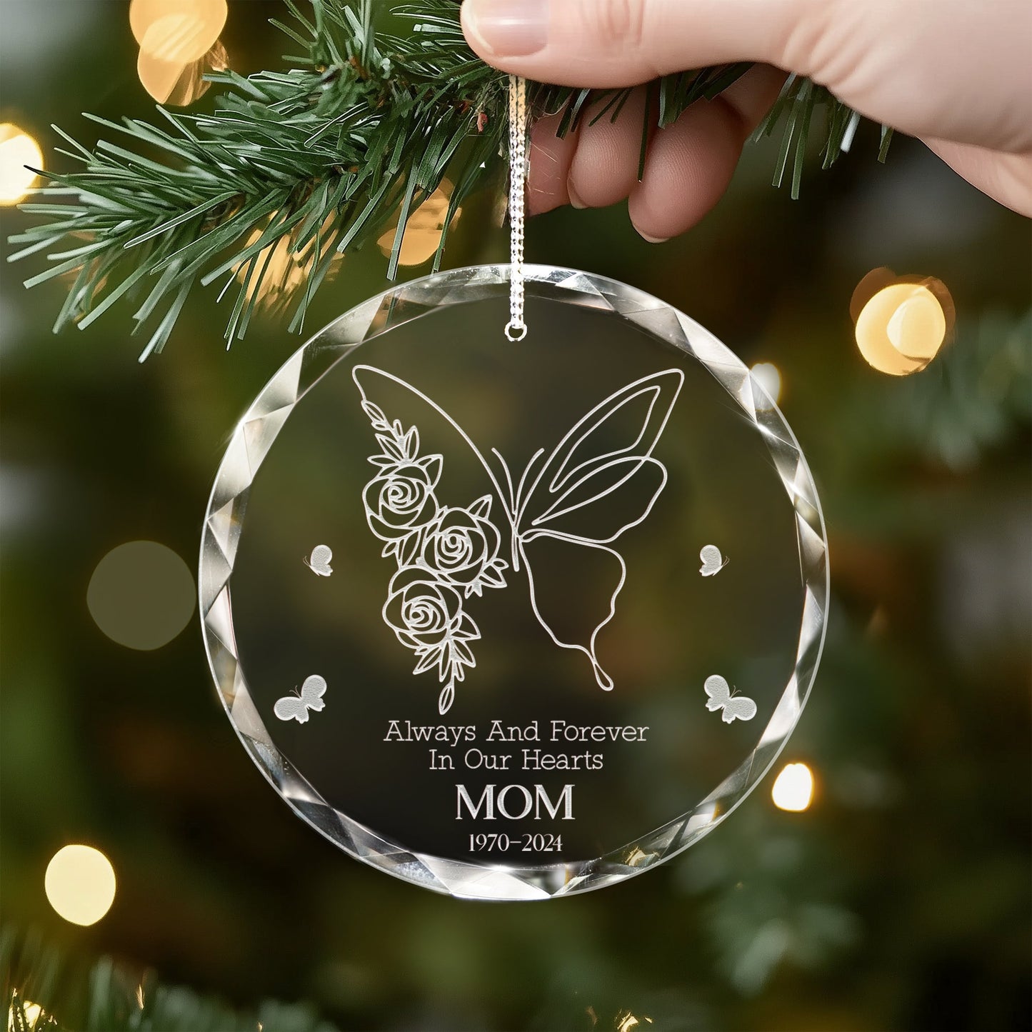 Delicate Personalized Butterfly Memorial Glass Ornament crafted as in loving memory of ornaments