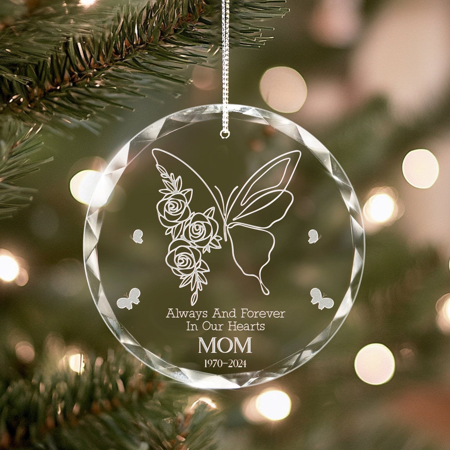Thoughtful Personalized Butterfly Memorial Glass Ornament presented as a sympathy gift
