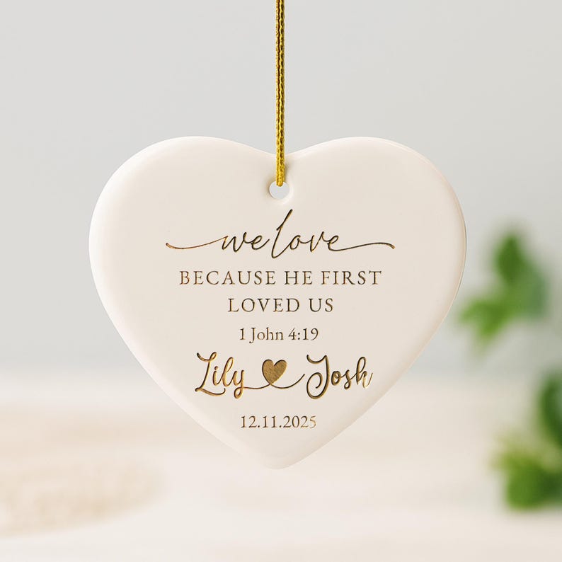 Personalized Christian Wedding Ceramic Ornament, a touching wedding ornament and ceramic Christmas tree ornament with a Bible theme.