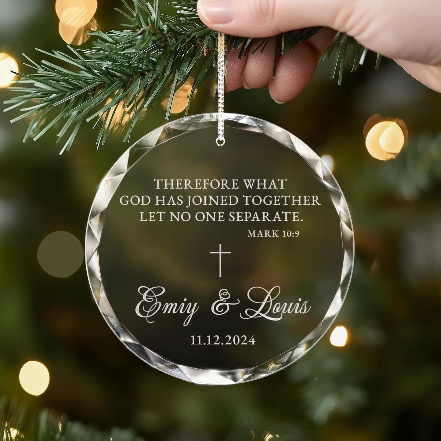 Gifts for married couples first Christmas featuring custom Christian wedding glass ornaments