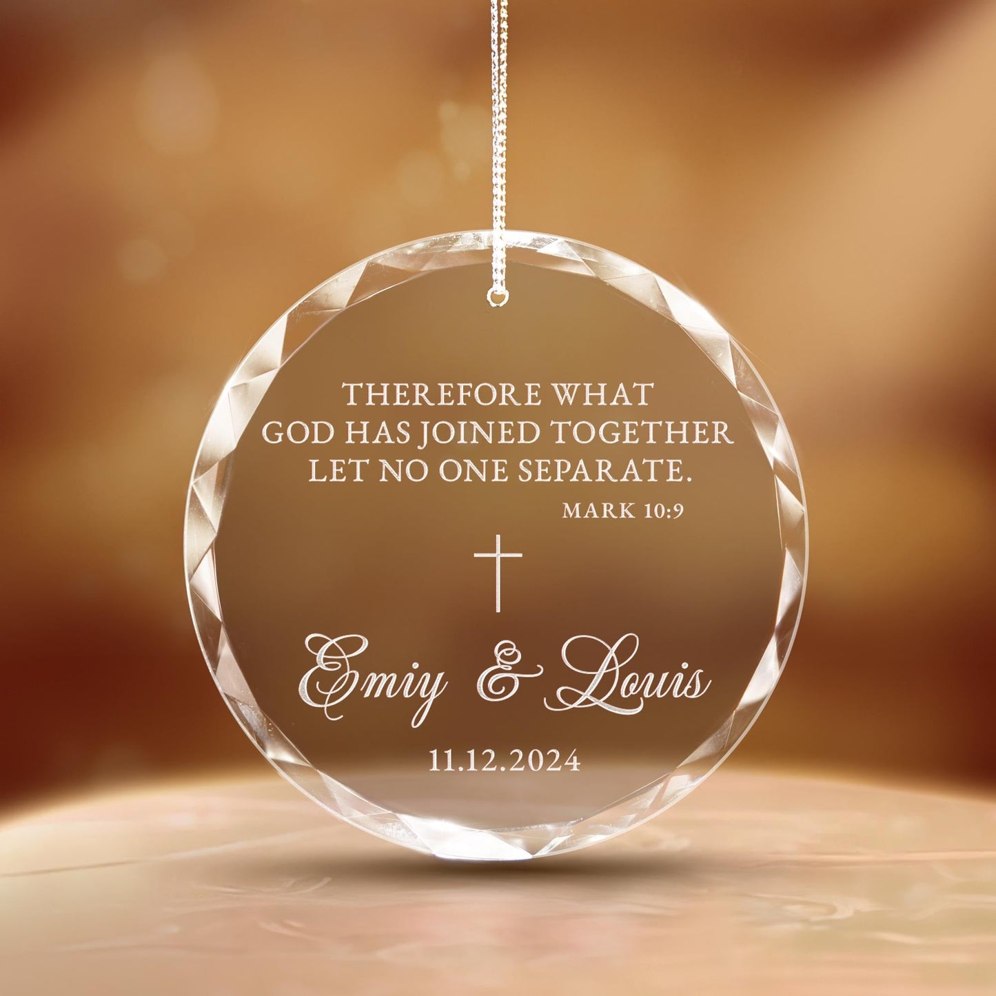 First Christmas married ornament with personalized names and faith inspired design