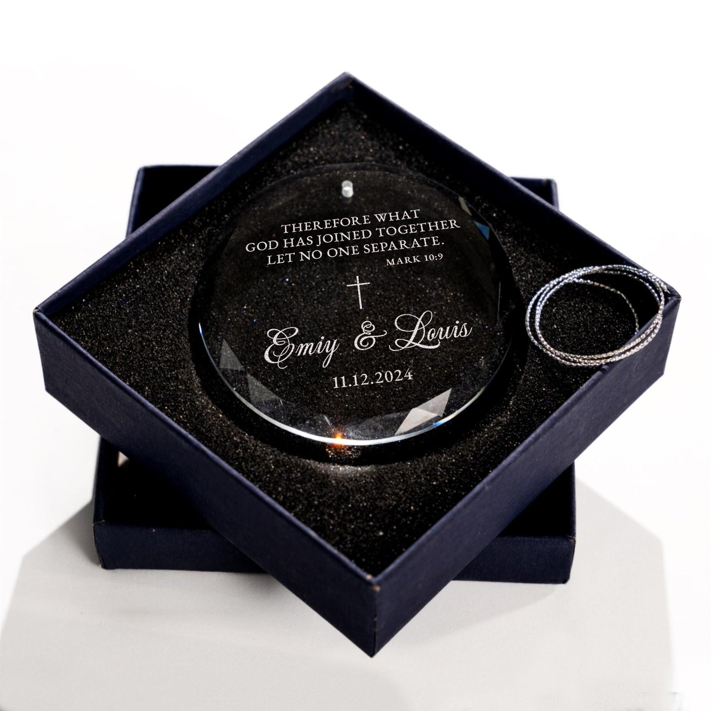 Wedding ornaments made special with personalized Christian theme for couples celebrating first Christmas