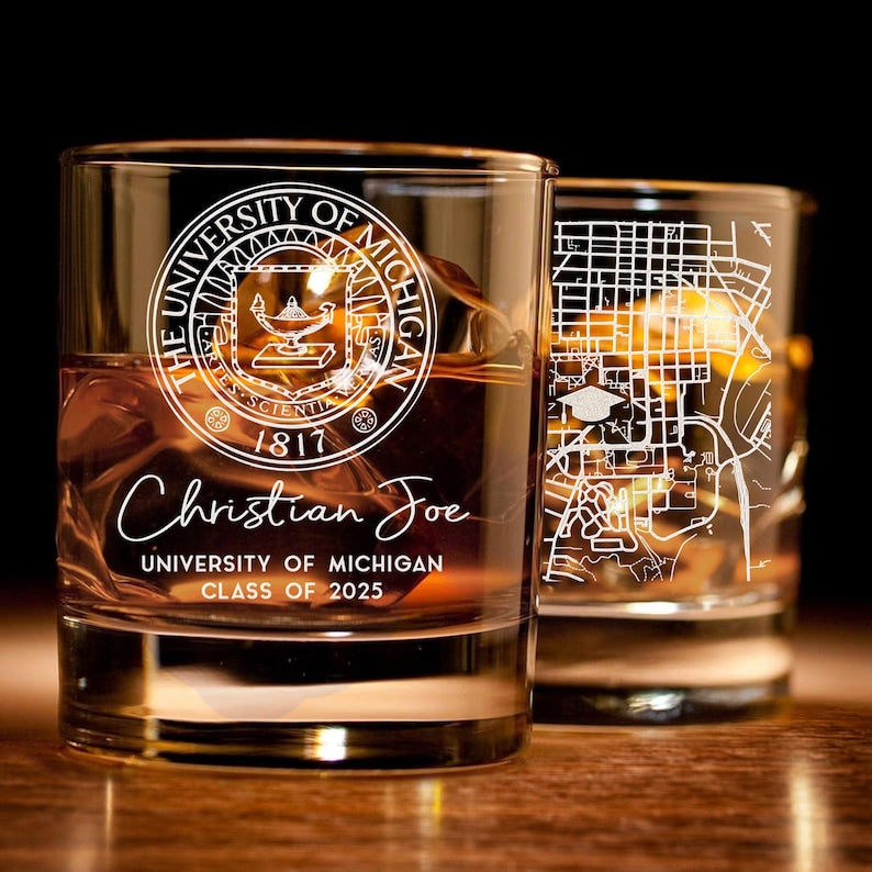 Elegant personalized whiskey glasses with a college map gift design, serving as a premium graduation keepsake.