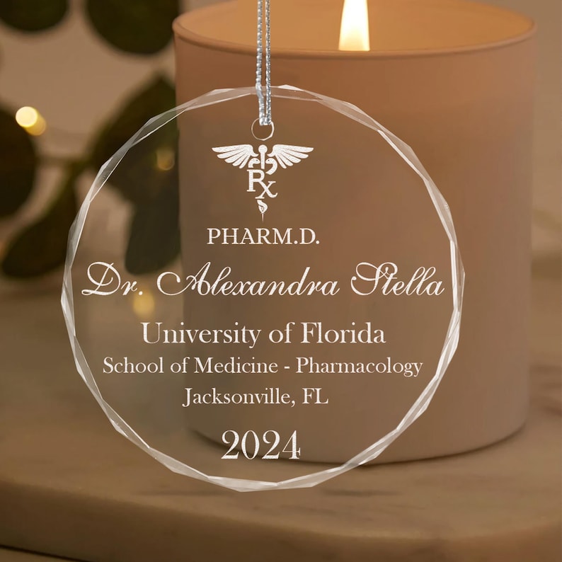 Engraved christmas ornaments featuring a Personalized Doctor of Pharmacy Graduation Ornament