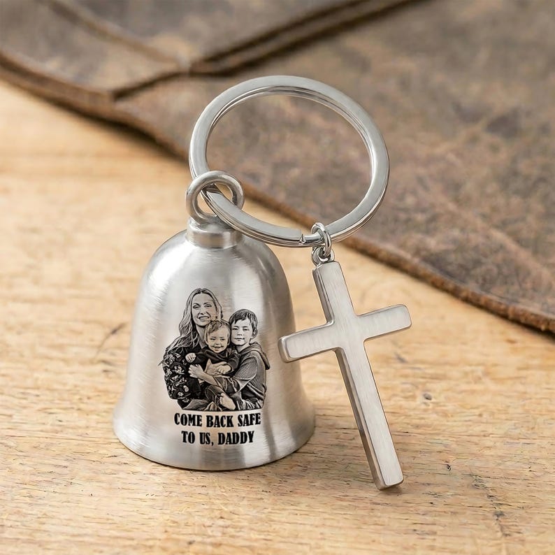 Dad gremlin bell and laser engraved keychain, a meaningful and protective harley davidson motorcycle bell for Father's Day 2026.