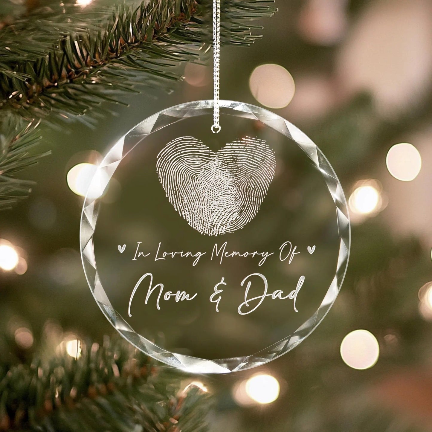 Customized memorial Christmas ornaments featuring fingerprint and remembrance message
