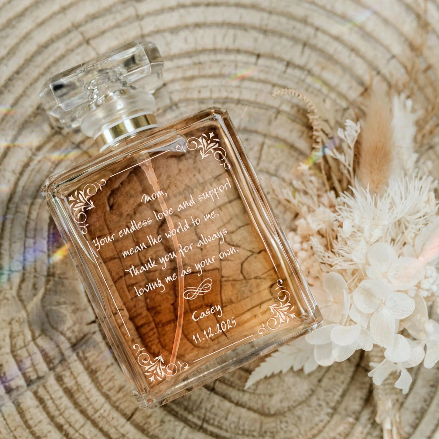 Beautiful Personalized Glass Perfume Bottle for Mom suitable as stepmom wedding gift and mother daughter wedding gifts