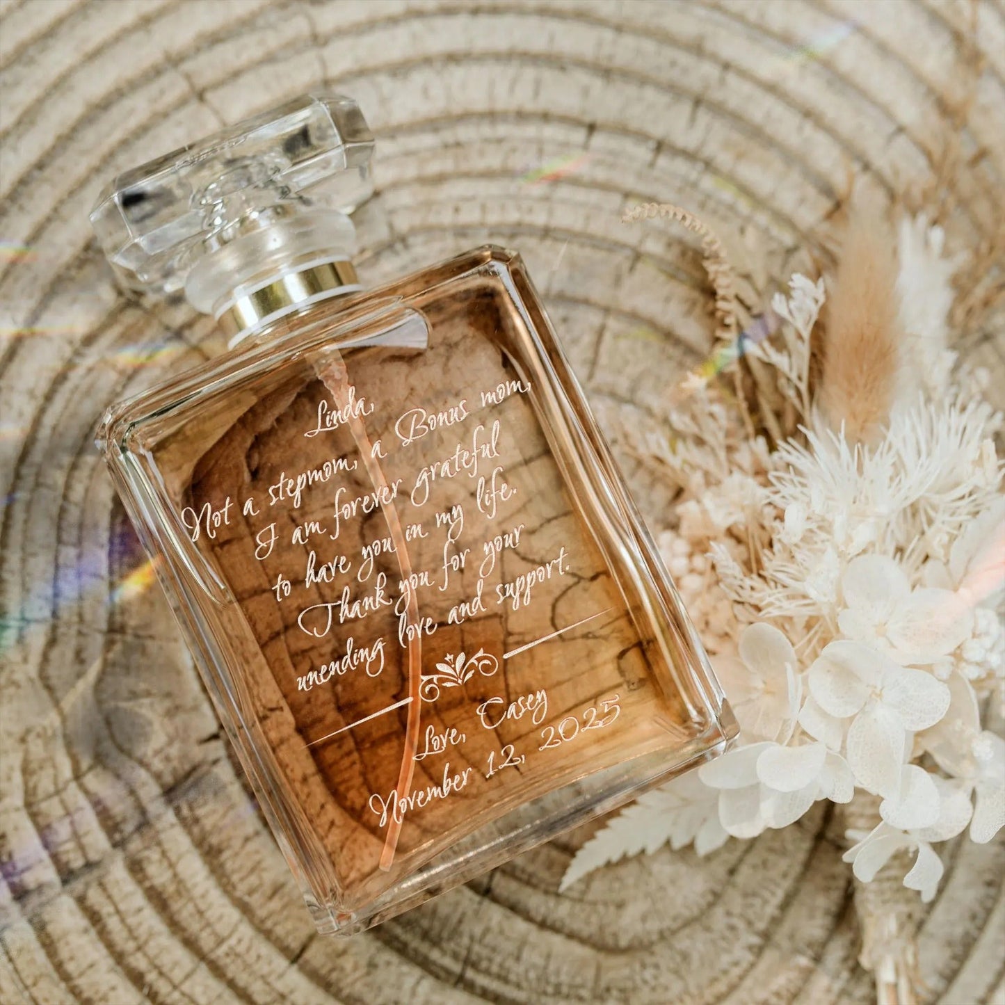 Elegant Personalized Glass Perfume Bottle for Stepmom crafted as meaningful mother's day gift for stepmother and wedding memento