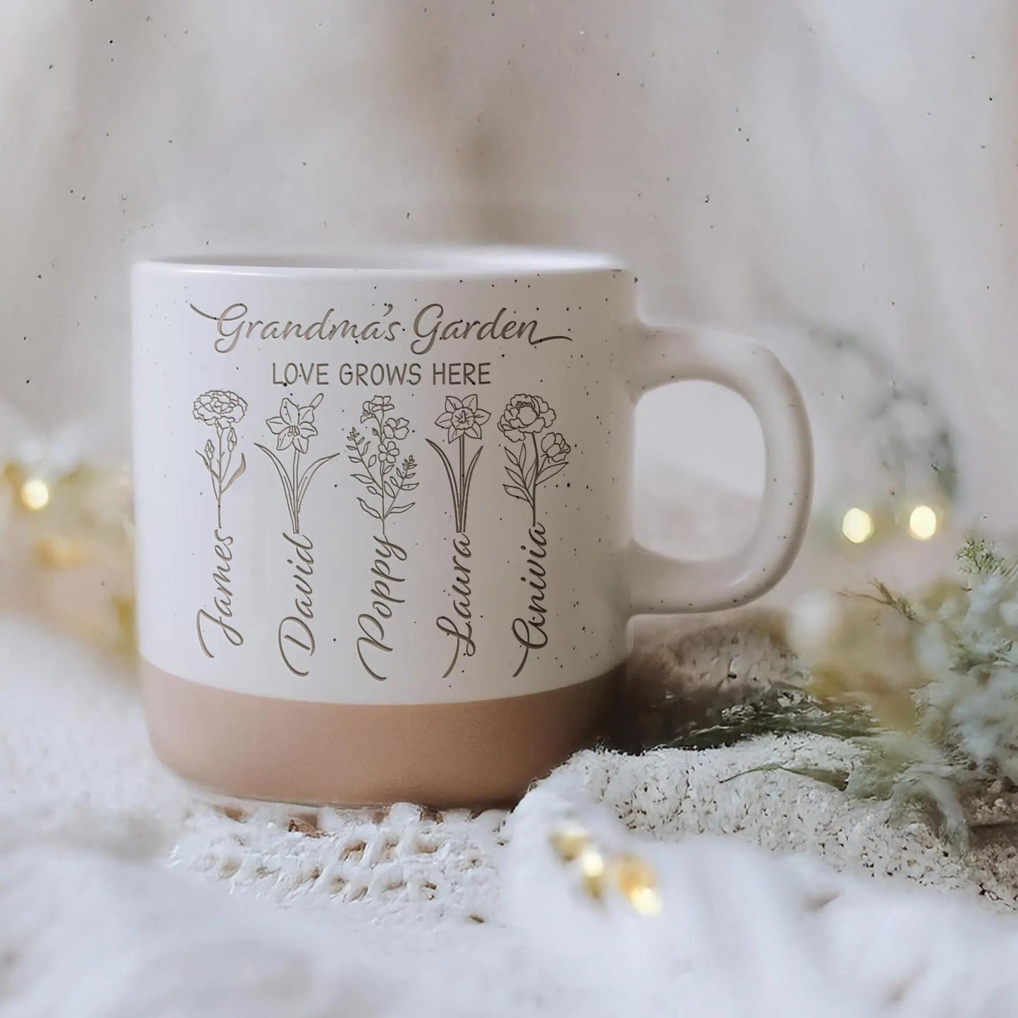 Personalized Grandma's Garden Pottery Mug as thoughtful gifts for grandma