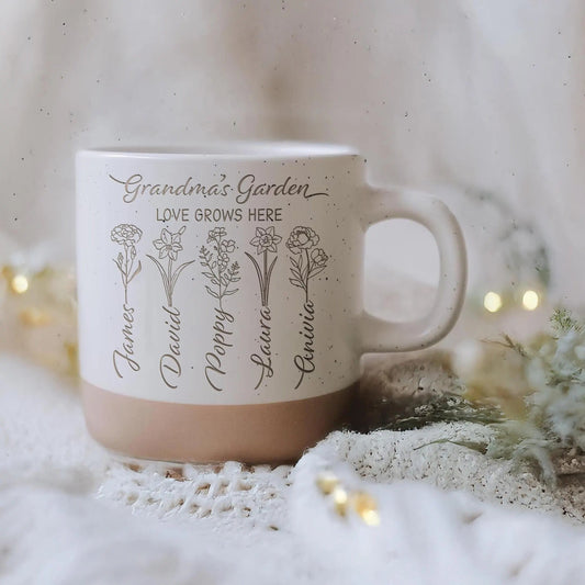 Personalized Grandma's Garden Pottery Mug as thoughtful gifts for grandma